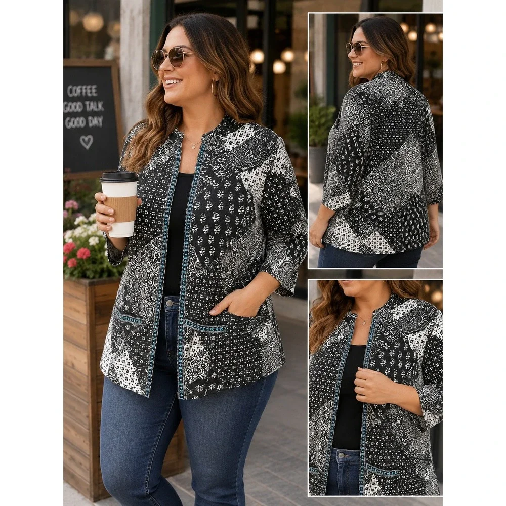 424. Artisan Inspired Boho Patchwork Quilted Jacket Teal Trim Cotton Large